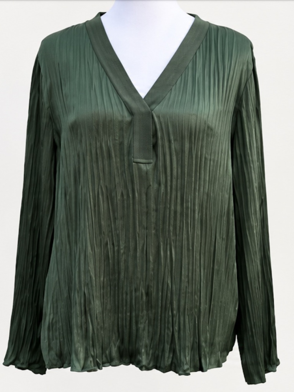 Vince Dark Olive Green Plisse Pleated V-Neck Long Sleeve Blouse Size M